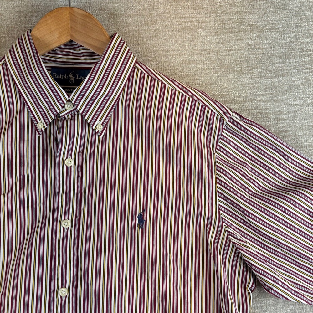 Ralph Lauren Custom Fit Shirt Mens M Burgundy Navy Yellow Vertical Striped EUC